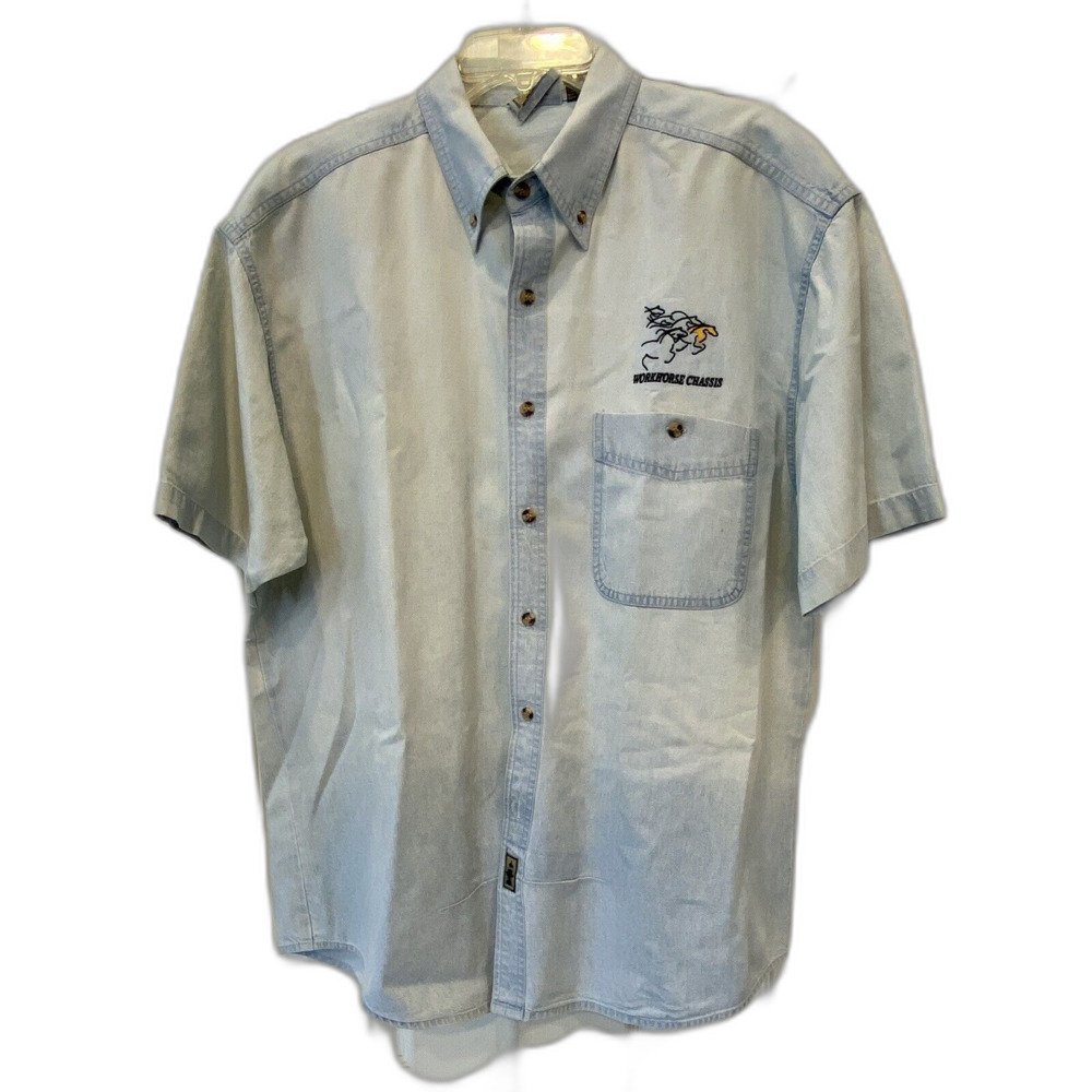 Vtg Work Horse Chassis Mens Shirt Button Up Cotton Blue Chambray LARGE As Is